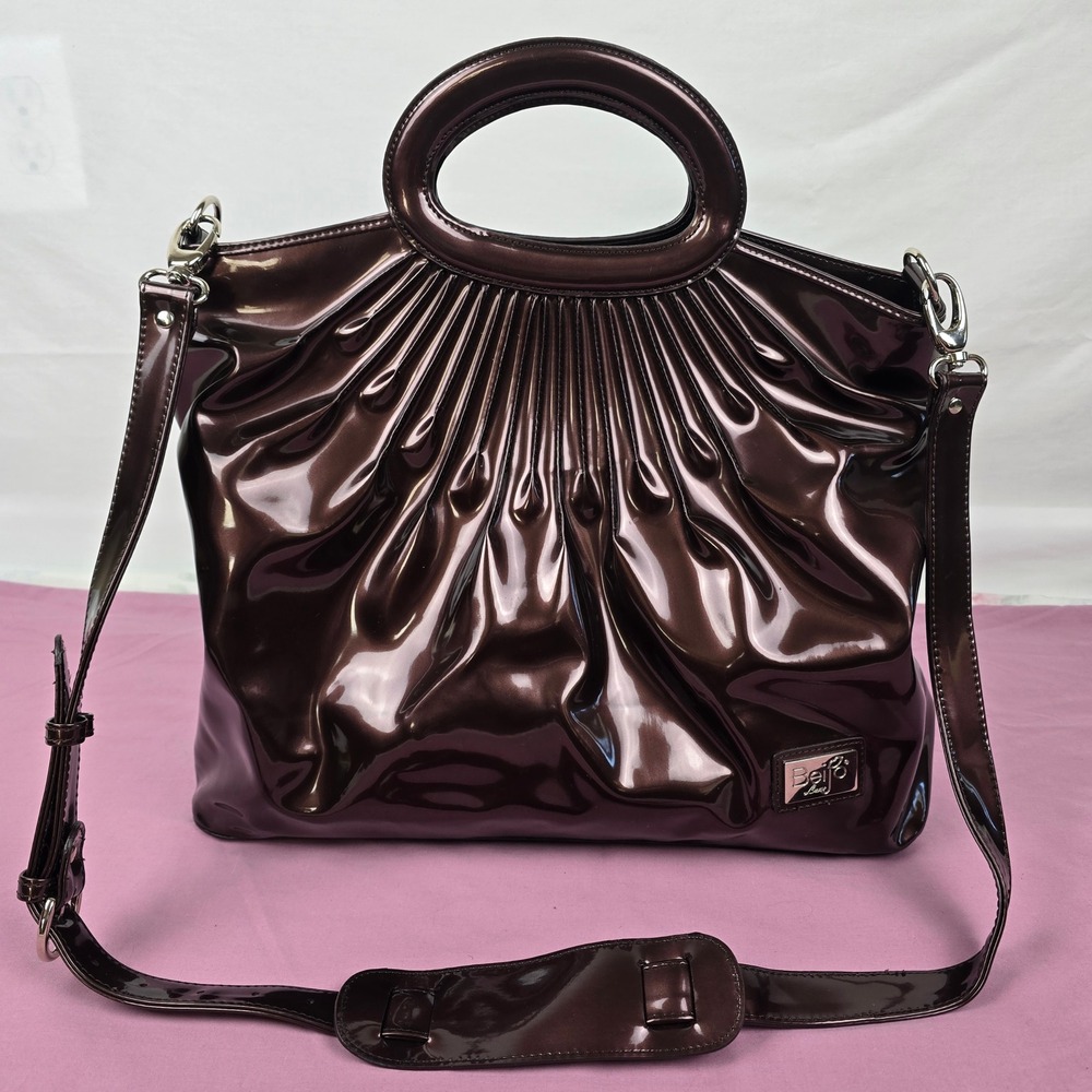 Beijo Luxe Metallic Bronze Patent Pleated Satchel Handbag Crossbody Bag Large
